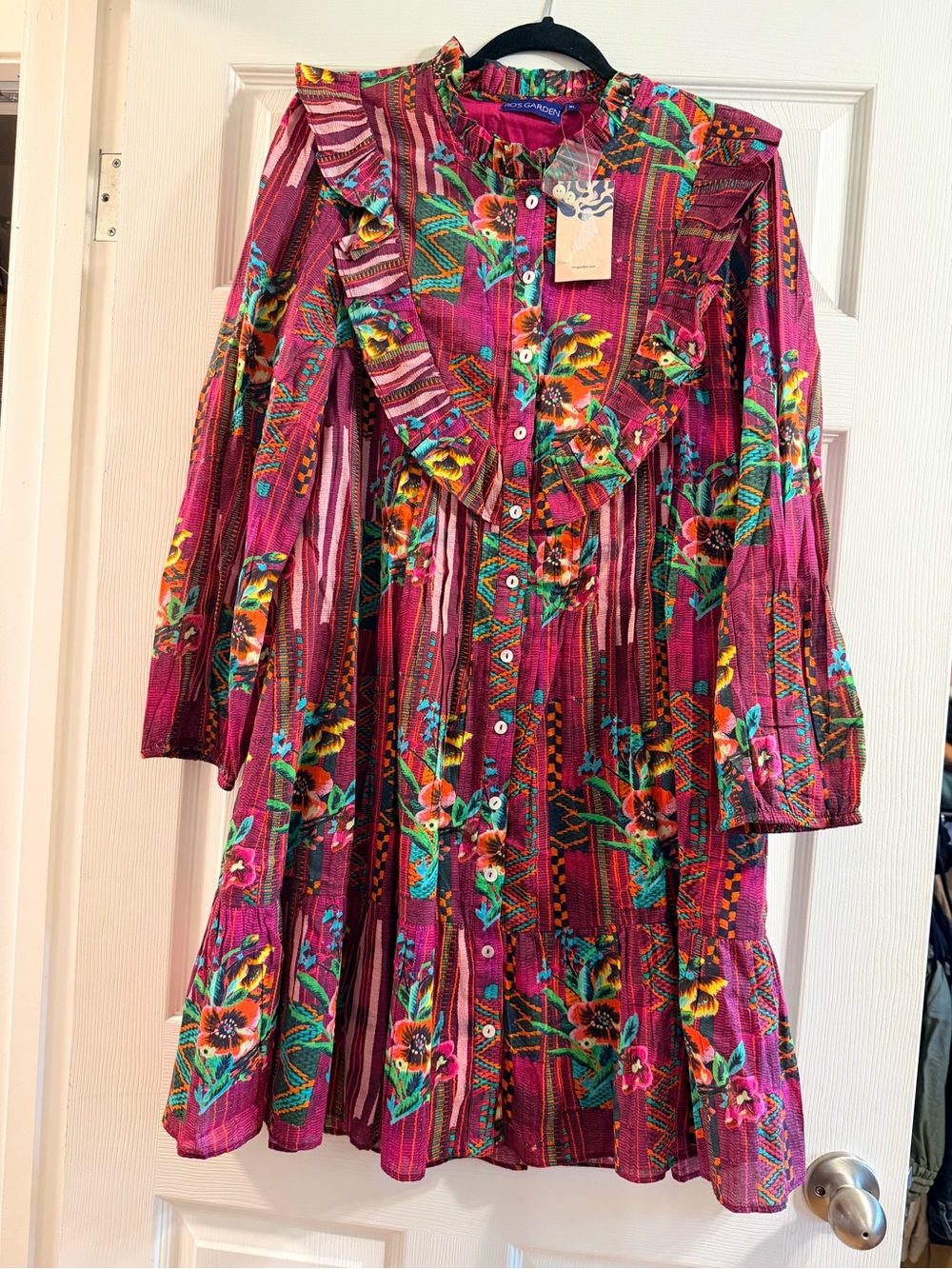 Ro’s Garden Floral Ruffled Long-Sleeve Dress - Magenta XL NWT